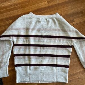 LOFT Gray and Brown Crew Neck Sweater with Stripes